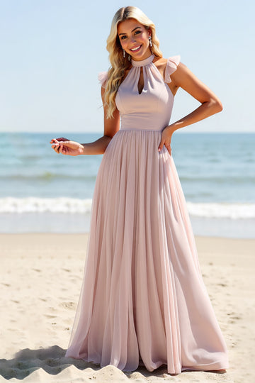Halter A Line Candy Pink Bridesmaid Dress with Hollow Out